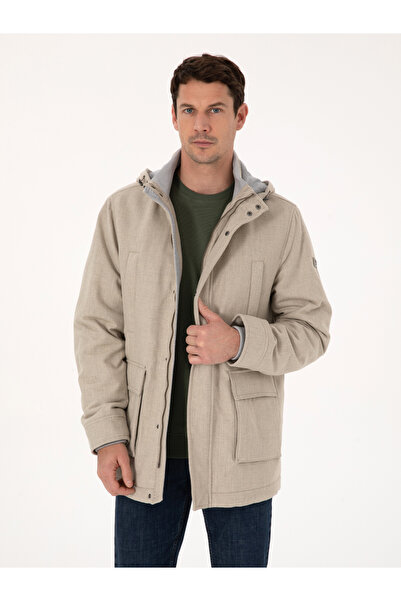 Cacharel Bej Yün Karışımlı Kapüşonlu Flanel Kaşe Mont 50311425-VR011