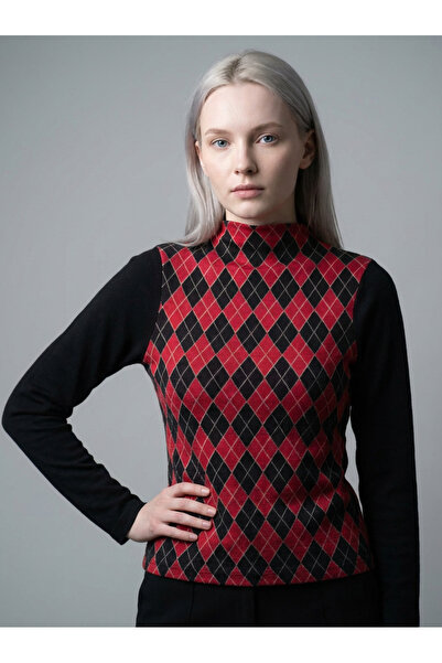 Şiir Madrid Women's Slim Fit Half Turtleneck Long Sleeve Argyle Pattern Sweater & Blouse & Top - Black