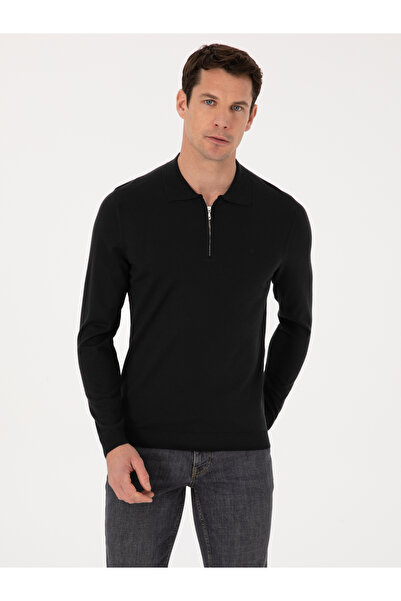 Cacharel Siyah Regular Fit Yün Karışımlı Fermuarlı Polo Yaka Basic Triko Kazak 50318901-VR046