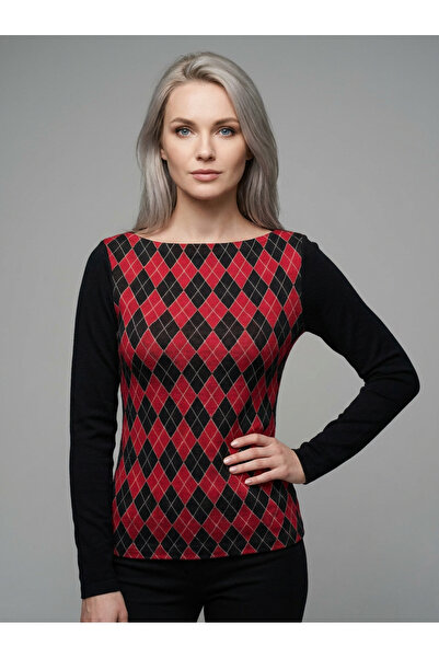 Şiir Getafe Women's Slim Fit Boat Neck Long Sleeve Argyle Pattern Sweater & Blouse & Top - Black