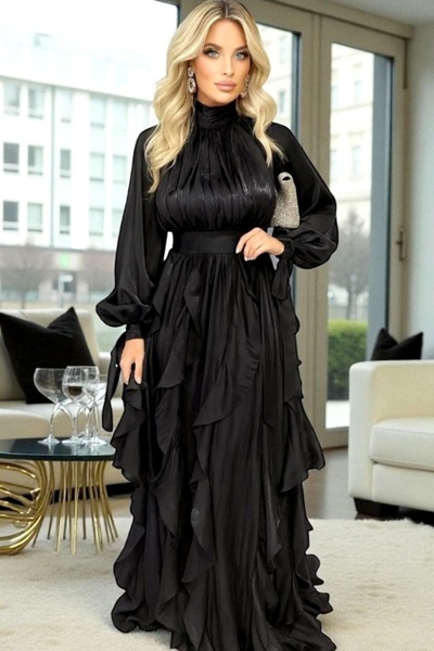 FashionForYou Marivelle long occasion dress, with ruffles and train, Black