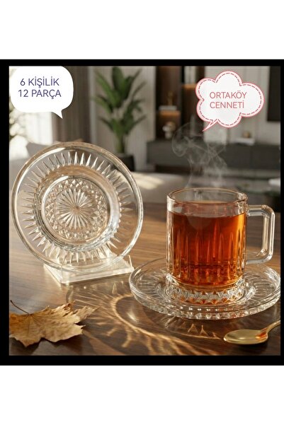 ORTAKÖY CENNETİ Gülümseten set 6 Lı Cam neskahve set ORIGAMI Desen Çay fıncanı 170 cc bar. Ve Tabağı 12 prç