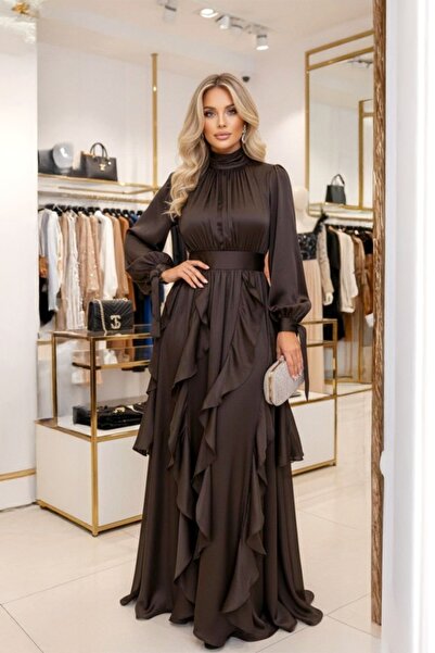 FashionForYou Marivelle event dress, with ruffles and train, Chocolate Brown