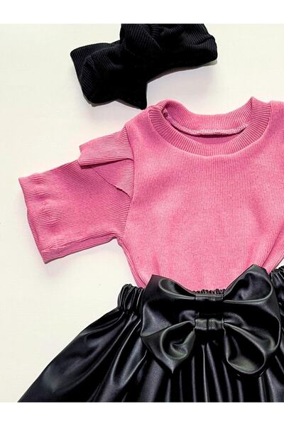 özge başaran Rózsaszín Badi, Bőrszoknya, Bandana, Zokni, 4 részes lányok, Babaruha szett.