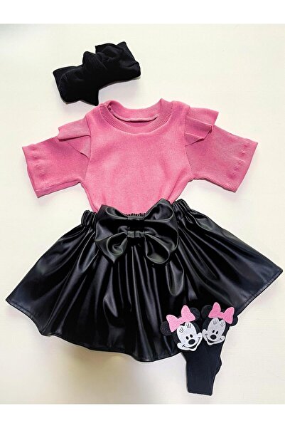 özge başaran Rózsaszín Badi, Bőrszoknya, Bandana, Zokni, 4 részes lányok, Babaruha szett.