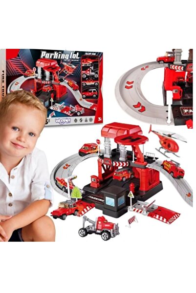 OEM Parcare DIY pentru pompieri – 43 de piese, garaj pe 2 niveluri, mașini metalice și elicopter
