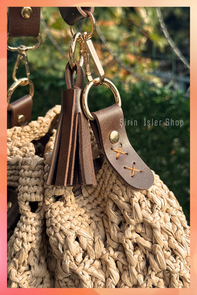 ŞİRİN İŞLER SHOP Raffia Rope Drawstring Bag / Leather Handle Hand Knitted Women's Bag / Handmade Bag / Women's Shoulder Bag