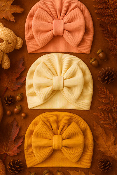 Pico Baby Fiyonklu Bebek Bone 3'lü Set- Krem/ Somon / Hardal