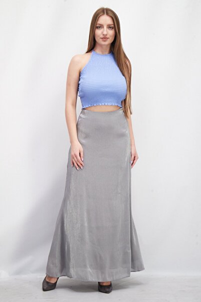 NA-KD Women Shiny Flowy Maxi Skirt, Grey Silver