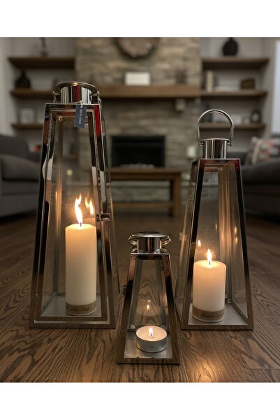 MİEN MARKA Üçlü Çelik Mumluk Kandil Fener Şamdan 50*20---40*15---30*10 boyut
