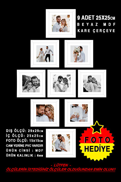 YEDİART 9 Adet 25x25 Çerçeve - Mdf Çerçeve - Fotoğraf Çerçevesi - Kare Çerçev...