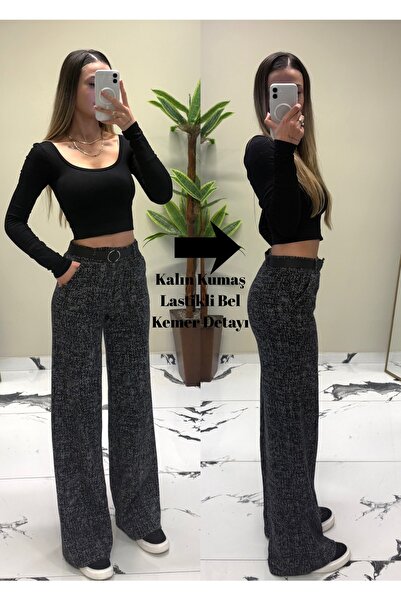 ADELLA BUTİK Kadın Kemerli Lastikli Şık Kışlık Palazzo Kumaş Pantolon