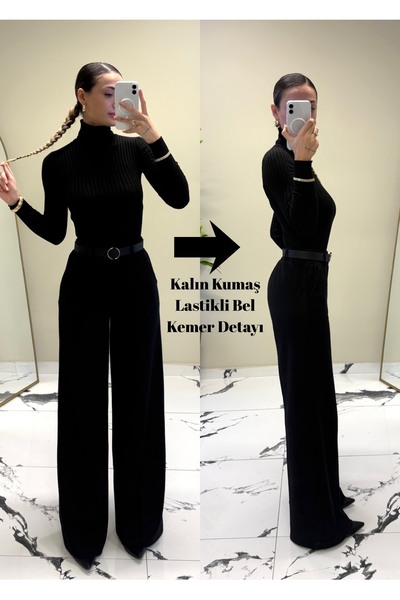 ADELLA BUTİK Kadın Kemerli Lastikli Şık Kışlık Palazzo Kumaş Pantolon