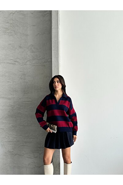 modazoom Polo Yaka Çizgili Kazak