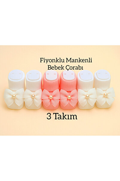 baby socks 6 Adet Mankenli 3 Takım Boncuk Fiyonklu Hediyelik Bebek Çorabı