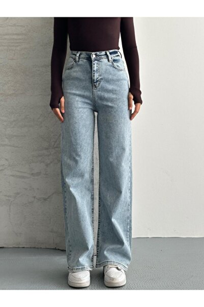 modazoom بنطال جينز نسائي واسع الساق فضفاض باللون الأزرق مغسول بالثلج