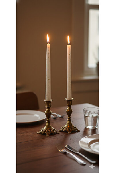 Gizemli Home 2 Li Şamdan Mum Krem Altın Yaldız