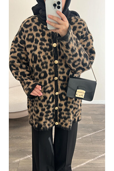 MODA Niche γυναικεία μακριά πλεκτή ζακέτα με λεοπάρ σχέδιο