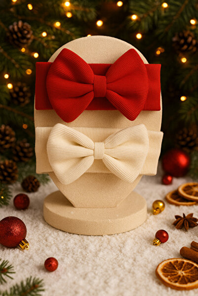 Pico Baby Kız Bebek & Çocuk Fiyonklu Çift Kat Bandana 2'li Set (Krem/Kırmızı)