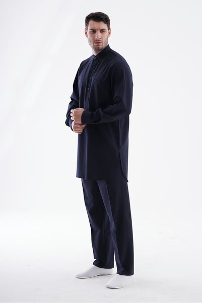 Beratnur Men's Berat Hajj and Umrah Outfit, Double Top and Bottom, Viscose Afghan Suit, Navy Blue