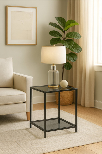 Trendmiz VELMARK Modern Loft Tarz 2 Katlı füme Cam Sehpa – Siyah Metal Gövdeli Yan Sehpa