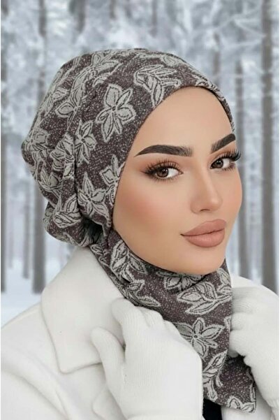 Aişe tesettür طقم قبعة وسترة إسلامية رمادية منقوشة