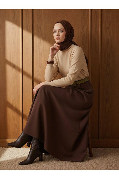 Refka Gabardine Fabric A-Line Classic Skirt - Brown -