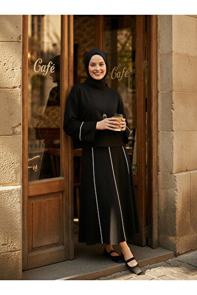 Benin Soft Buttoned Contrast Stitched Blouse & Skirt Two-Piece Set - Black -