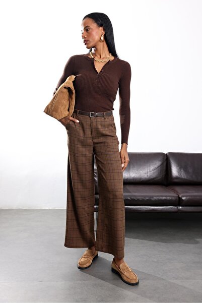 5in1Canpolat Brown Belted Plaid Fabric Trousers 17712