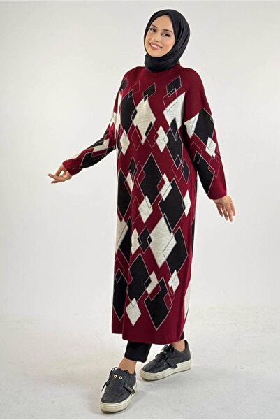 TRENDTESETTÜR Women's Burgundy Baklava Patterned Tunic t 61381