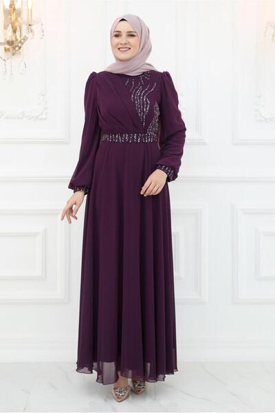 TRENDTESETTÜR KADIN MÜRDÜM KEMERLİ TAŞ DETAYLI ABİYE ELBİSE T 9553
