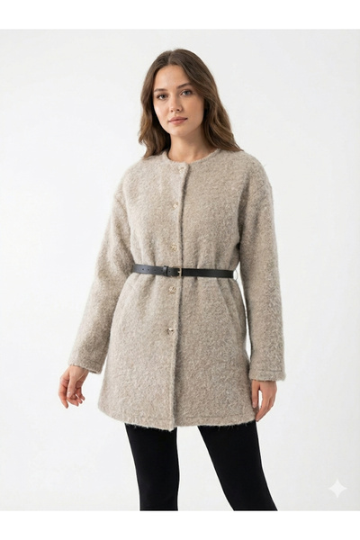 F&D giyim Kadın Kaşe Keçe Kemerli Uzun Ceket