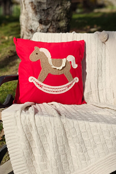 Sevim Husă pentru pernă cu broderie cu tematică de Anul Nou - Cal balansoar - 43x43 cm