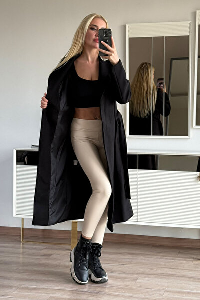 CİDDE Γυναικείο παλτό με κορδόνι με γιακά σάλι Premium με υφή μήκους 115 εκ.