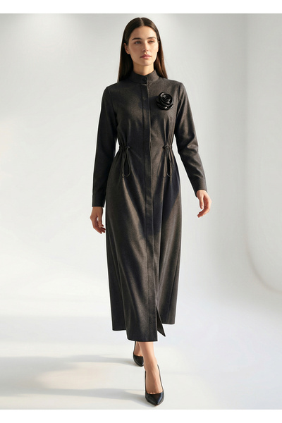 Exquise Hakim Collar Gathered Long Woven Dress with Leather Accessories