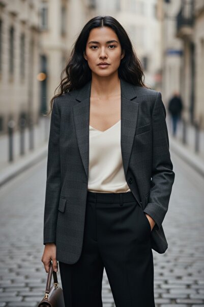 the blazer obsessed Women's Navy Blue Green Plaid Wool Blend Blazer Jacket