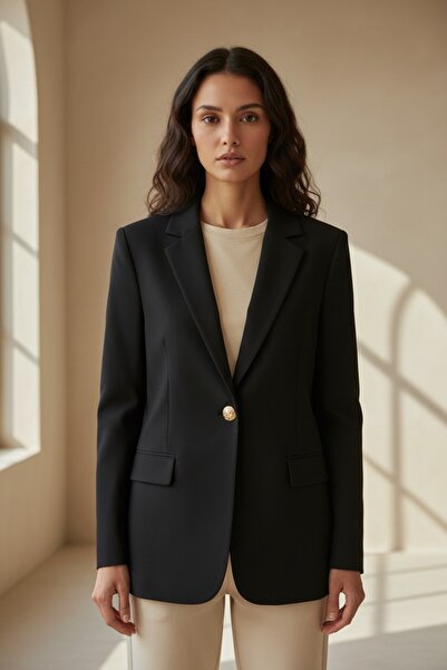the blazer obsessed Women's Black Gold Buttoned Wide Collar Blazer Jacket