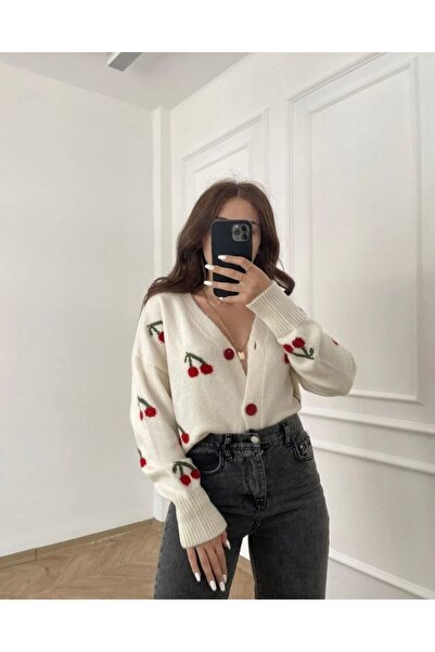 FLEX FASHION Kadın TREND POPÜLER KİRAZ DETAYLI Ekru triko Hırka