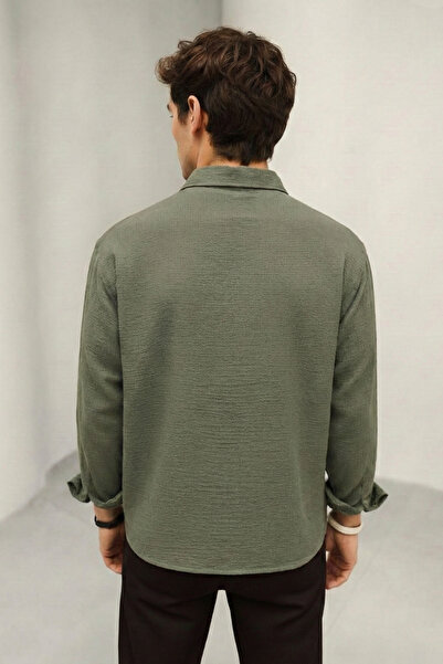 Bürke Ανδρικό πουκάμισο με μακρυμάνικο λινό υφή, πράσινο λαδί, μισό oversized