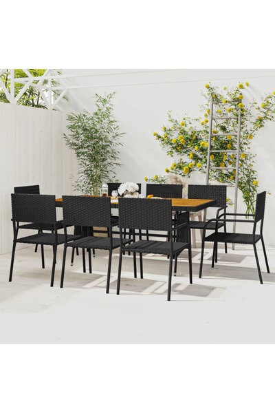 vidaxl طقم طعام خارجي من 9 قطع مصنوع من مادة البولي راتان باللون الأسود