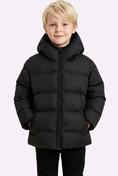 freemen Chlapecký zimní kabát z černého fleece kožešiny s kapucí a voděodolným větruodolným Pocket Puffer