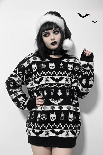 Köstebek Black Gothic Patterned Oversize Christmas Peripet Pullover