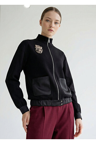 Exquise Taş İşlemeli Siyah Örme Regular Ceket