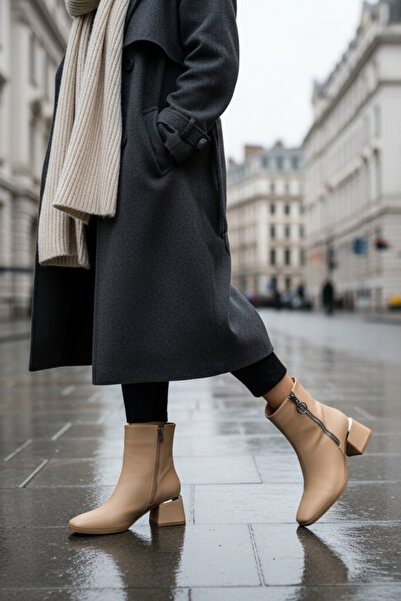 Limeo Κοντές απλές γυναικείες μπότες σε μπεζ κλασικό χρώμα με φερμουάρ στο δέρμα και λεπτομέρεια στο τακούνι