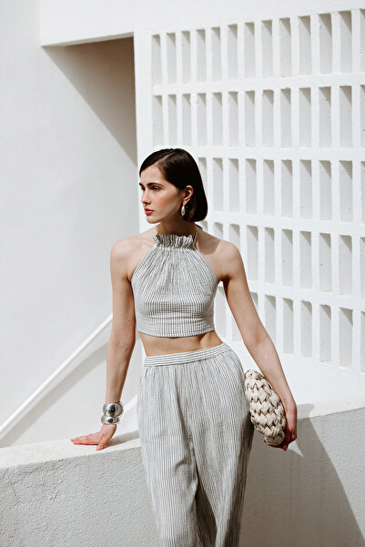 İKİKIZ Crinkle Çizgili Halter Yaka Bluz