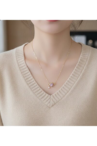 stainless steell قلادة من الفولاذ مع سلسلة ذهبية على شكل وردة وردية وقلب