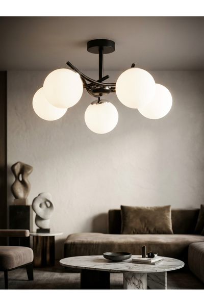 avimonaydınlatma FERMA 5'Lİ BEYAZ GLOP CAMLI SİYAH PLAFONYER MODERN AVİZE
