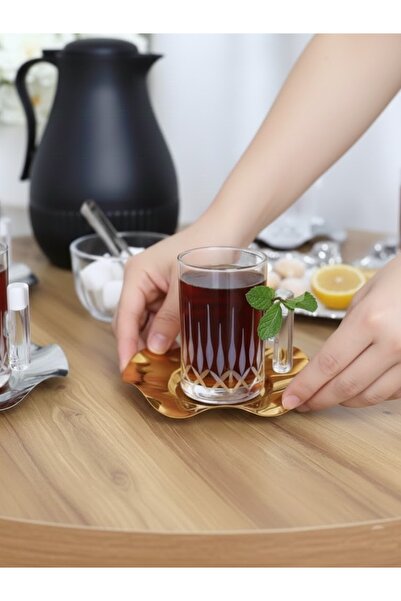 DECOSTYLE 18 Piece Modern Glass Tea Set with Decorated Steel Plates |   Premium Presentation Set