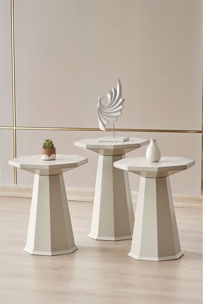 ALTINAKS MOBİLYA Elegance 3'lü Sehpa,Yan Sehpa,Zigon Sehpa - Kumtaşı (Açık Be...