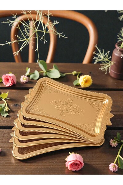 MEGA AVM 6 Adet Altın Kurdale Kahve Sunumluk Tepsi GOLD (plastik)kelebek